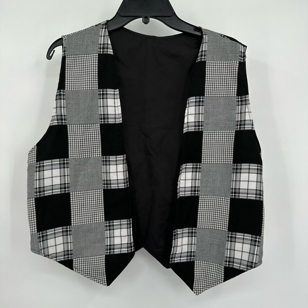 Womens Preppy Plaid Patchwork Vest Size L Academia Grunge Monochrome Twee